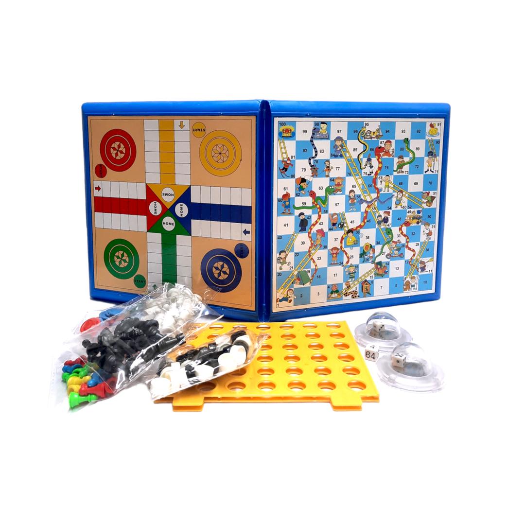 6in1 Board Games Ludo, Snakes and Ladders, Checkers, Chess, and Line-Up4 Game Set for Kids and Adults, Backgammon,--0